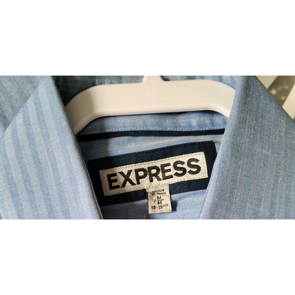 Express Mens Fitted Cotton Herringbone Shirt M Blue Button-Down Roll-Up Sleeve - Picture 6 of 8